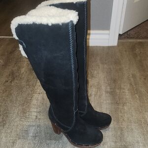 UGG Black Over-the-Knee Suede Boots with Cream Shearling Trim